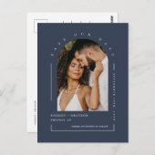 Navy Blue Boho Arch Foto QR Code Rettete Unser Dat Postkarte (Vorne/Hinten)