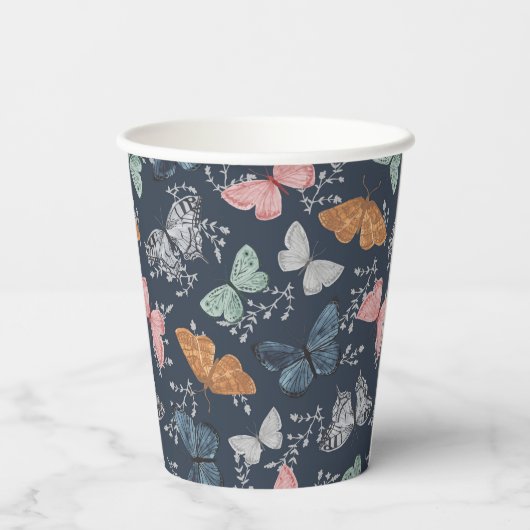 Navy Blue Boho Butterfly Dusche Party Geschirr Pappbecher (Rückseite)
