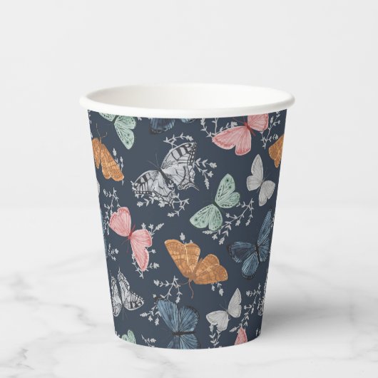 Navy Blue Boho Butterfly Dusche Party Geschirr Pappbecher (Vorderseite)