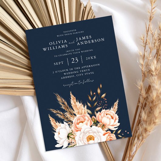 Navy Blue Boho Chic Floral Wedding Einladung