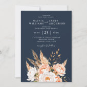 Navy Blue Boho Chic Floral Wedding Einladung (Vorderseite)