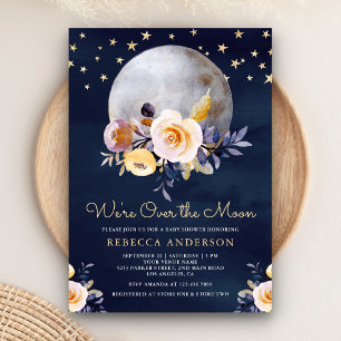 Navy Blue Boho Earthy Floral Moon Babydusche Einladung
