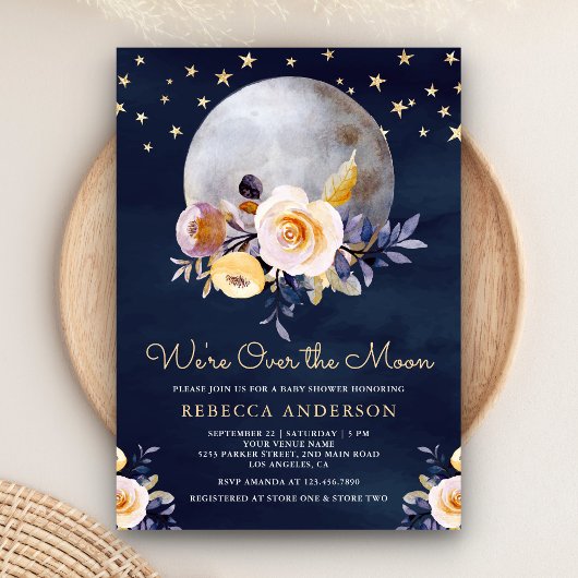 Navy Blue Boho Earthy Floral Moon Babydusche Einladung