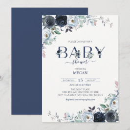 Navy Blue Boho Floral Baby Dusche Einladung