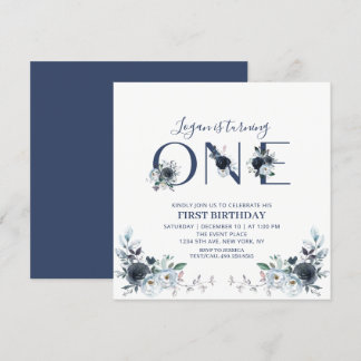 Navy Blue Boho Floral Boy 1. Geburtstag Platz Einladung