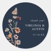 Navy Blue Boho Floral Classic Round Sticker (Vorderseite)
