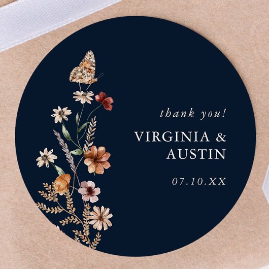 Navy Blue Boho Floral Classic Round Sticker