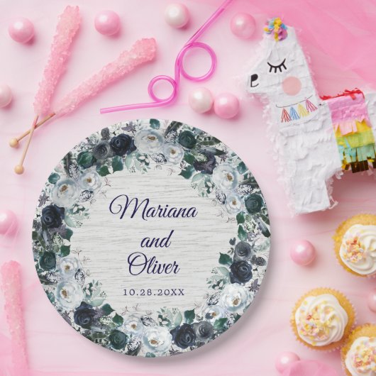 Navy Blue Boho Floral Wedding Pappteller (Party)