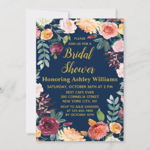 Navy Blue Boho Greenerenerity Fall Floral Brautpar Einladung