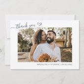 Navy Blue Boho Simple Foto Heart Script Wedding Dankeskarte (Vorderseite)