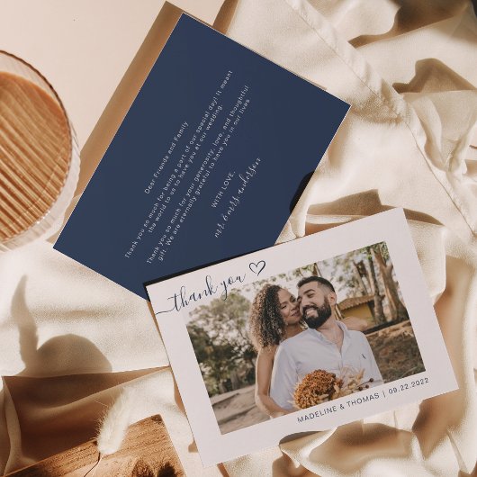 Navy Blue Boho Simple Foto Heart Script Wedding Dankeskarte