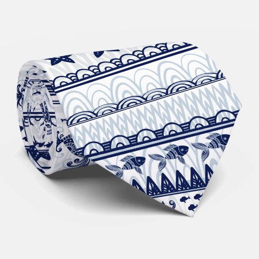 Navy Blue Boho Style Ocean Pattern Krawatte (Gerollt)