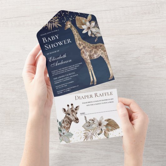 Navy Blue Boho Wild Safari Giraffe Babydusche All In One Einladung (Abreißen)