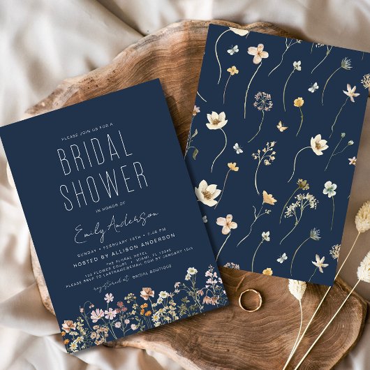 Navy Blue Boho Wildblume Brautparty Einladung
