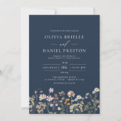 Navy Blue Boho Wildblume Garden Wedding Einladung (Vorderseite)