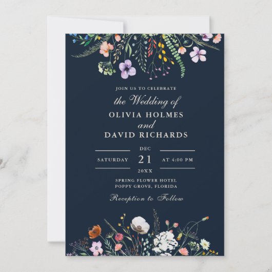 Navy Blue Boho Wildblume Meadow Wedding Einladung (Vorderseite)