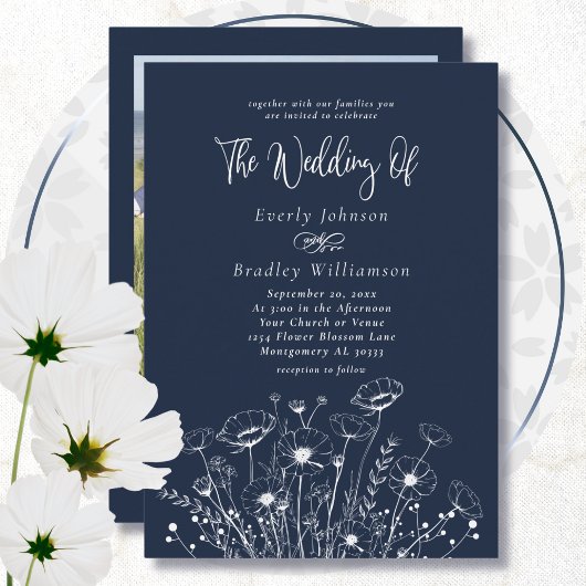 Navy Blue Boho Wildblume Minimal Blumenhochzeit Einladung