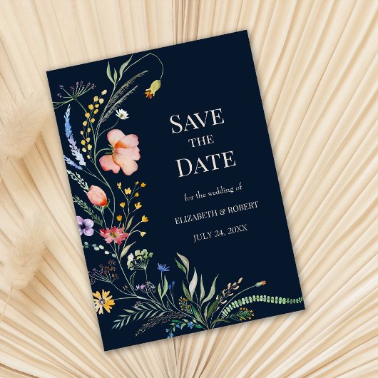 Navy Blue Boho Wildblumen Save the Date Karte