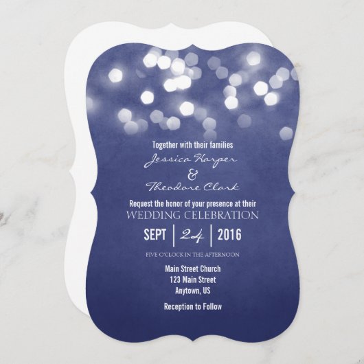 Navy Blue Bokeh Glitzer Lights Hochzeitseinladung Einladung (Vorne/Hinten)