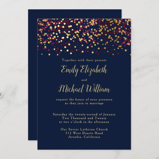 Navy Blue Bokeh Gold Hochzeit Einladung (Vorne/Hinten)
