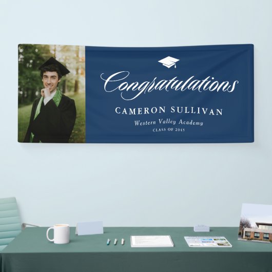 Navy Blue Bold Calligraphy Foto Abschluss Banner (Messe)