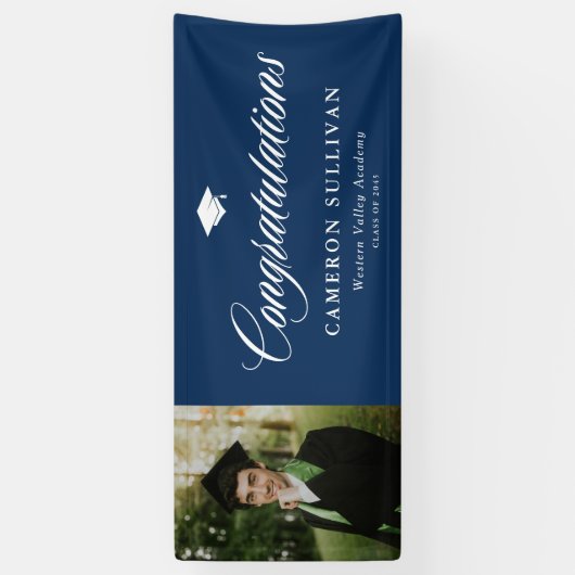 Navy Blue Bold Calligraphy Foto Abschluss Banner (Vertikal)