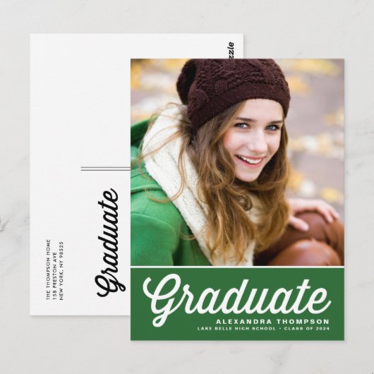 Navy Blue Bold Retro Script Foto Abschluss Postkarte (Vorne/Hinten)