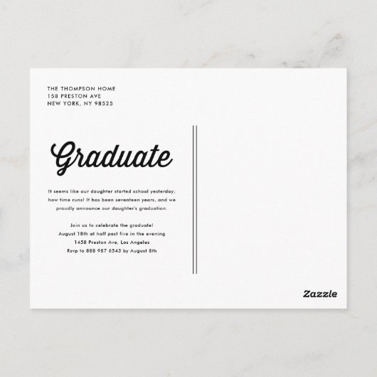 Navy Blue Bold Retro Script Foto Abschluss Postkarte (Rückseite)