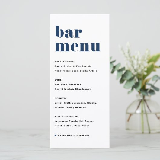 Navy Blue Bold Retro Typografy Wedding Bar Menükarte (Stehend Vorderseite)
