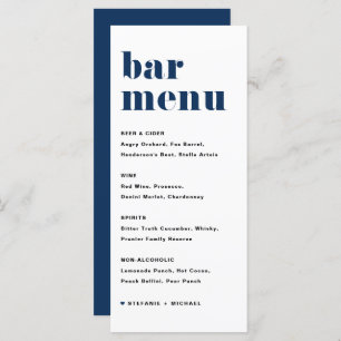 Navy Blue Bold Retro Typografy Wedding Bar Menükarte