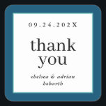 Navy Blue Border Einfache Gastgeschenk Hochzeit Quadratischer Aufkleber<br><div class="desc">Mit dieser einfachen,  textbasierten Gastgeschenk Hochzeit machen Sie eine Erklärung von schlichter Eleganz und bedanken sich bei Ihrem Aufkleber mit einem Rand von nautisch marineblau und aqua. Verwenden Sie die Anpassungsoption,  um die Farben und Schriftart zu ändern,  um Ihr Hochzeitstil Anzug zu geben.</div>