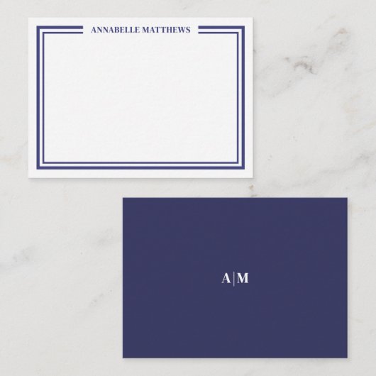 Navy Blue Border Minimalist Name Monogram Mitteilungskarte (Vorne/Hinten)