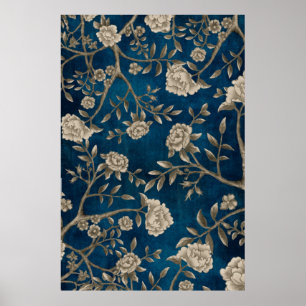 Navy Blue Botanic Chinoiserie Blume Poster
