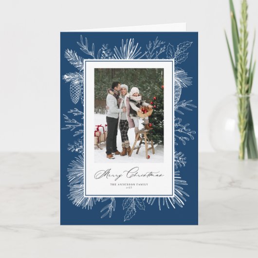 Navy Blue Botanic Frame Foto Weihnachten (Vorderseite)
