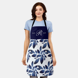Navy Blue Botanical Foliage Mit Monogramm Schürze