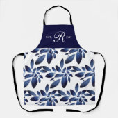 Navy Blue Botanical Foliage Mit Monogramm Schürze (Vorderseite)