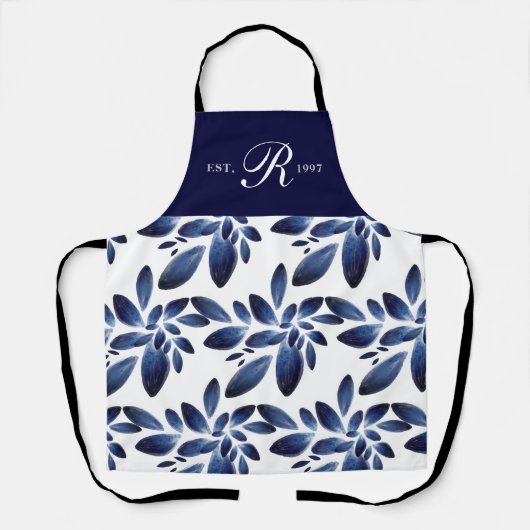 Navy Blue Botanical Foliage Mit Monogramm Schürze (Vorderseite)