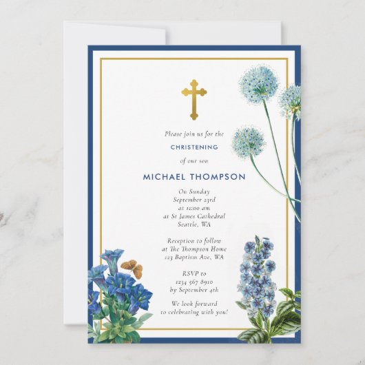 Navy Blue Botanical & Gold Taufe Christening Boy Einladung (Vorderseite)