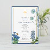 Navy Blue Botanical & Gold Taufe Christening Boy Einladung (Stehend Vorderseite)