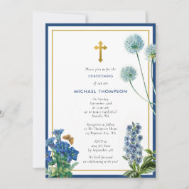Navy Blue Botanical & Gold Taufe Christening Boy Einladung