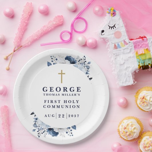 Navy Blue Botanical Modern First Heilige Kommune Pappteller (Party)