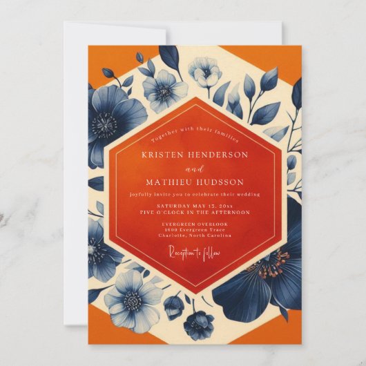Navy Blue Botanical Romance Wedding Einladung (Vorderseite)