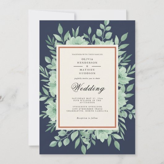 Navy Blue Botanical Spring Wedding Einladung (Vorderseite)