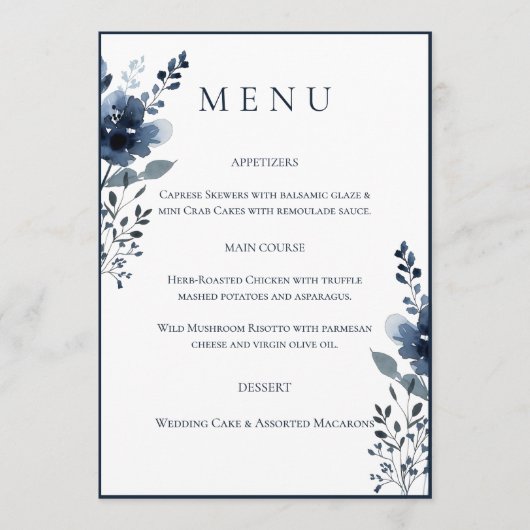 Navy Blue Botanical Wedding Menu Menükarte (Vorderseite)