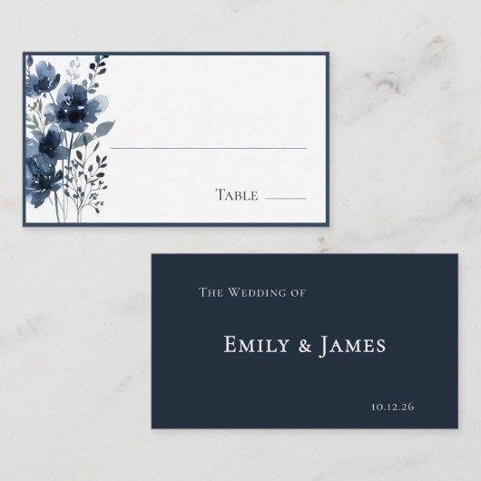 Navy Blue Botanical Wedding Platzkarte (Vorne/Hinten)