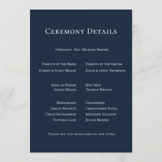 Navy Blue Botanical Wedding Programm (Rückseite)