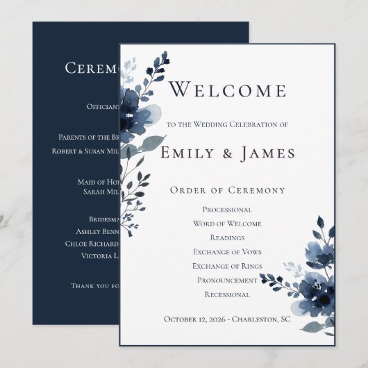 Navy Blue Botanical Wedding Programm (Vorne/Hinten)