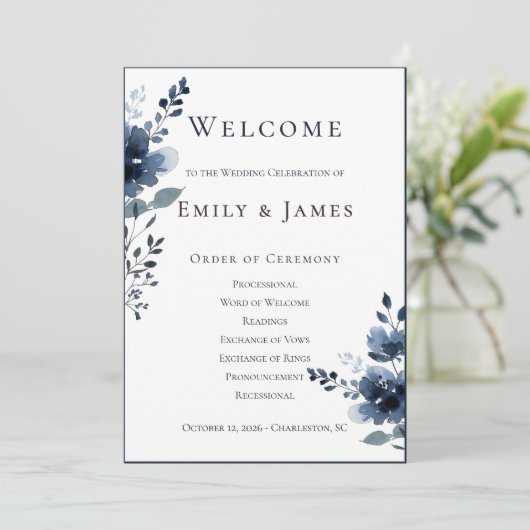Navy Blue Botanical Wedding Programm (Stehend Vorderseite)