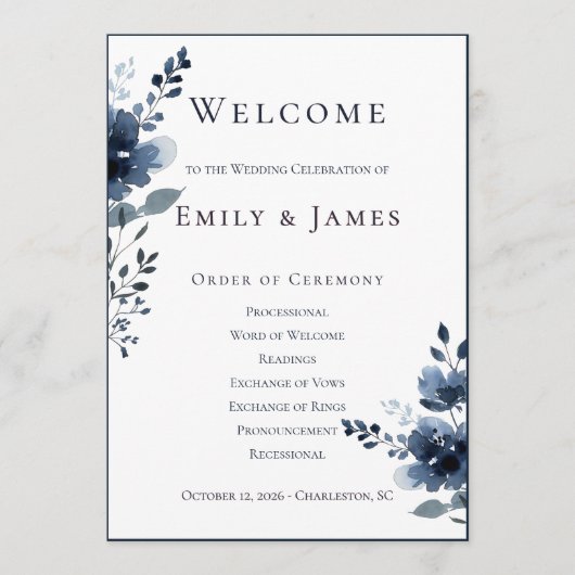 Navy Blue Botanical Wedding Programm (Vorderseite)