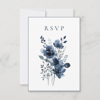 Navy Blue Botanical Wedding RSVP Karte